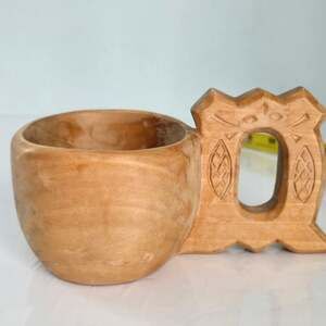 Vintage Polish Carved Wooden Cup Embellished Handle Poland Rustic Folk Art